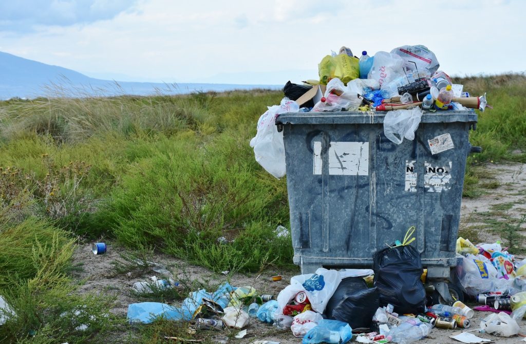 Ein völlig überfüllter Müllcontainer mit Verpackungen und Plastik steht mitten in der Natur