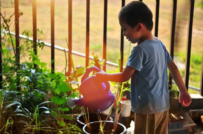 Kind gießt Pflanzen